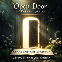 A captivating book cover design featuring an open door that leads into a mysterious and enchanting space filled with soft light and shadows