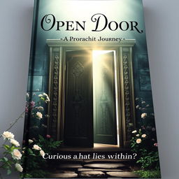 A captivating book cover design featuring an open door that leads into a mysterious and enchanting space filled with soft light and shadows