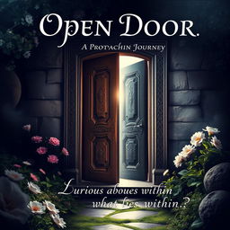 A captivating book cover design featuring an open door that leads into a mysterious and enchanting space filled with soft light and shadows