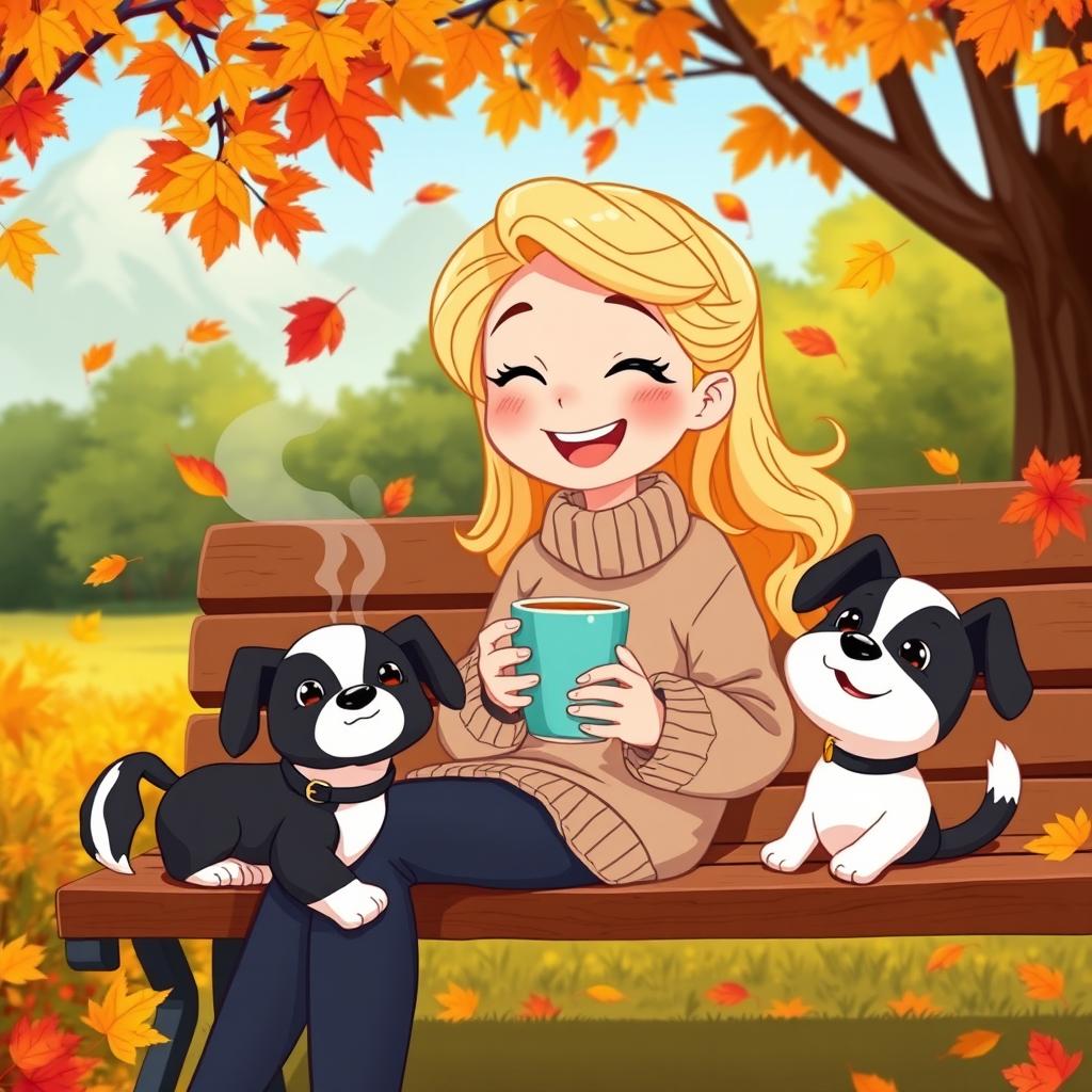 An animated scene featuring a cheerful blonde girl enjoying a cozy autumn day, sitting on a park bench with a steaming cup of coffee in her hands