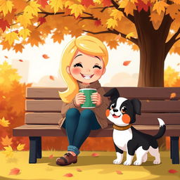 An animated scene featuring a cheerful blonde girl enjoying a cozy autumn day, sitting on a park bench with a steaming cup of coffee in her hands