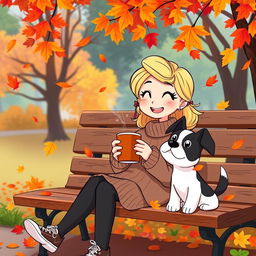 An animated scene featuring a cheerful blonde girl enjoying a cozy autumn day, sitting on a park bench with a steaming cup of coffee in her hands
