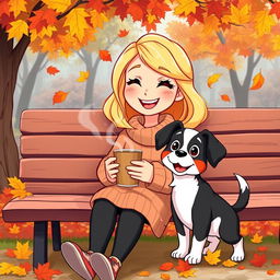 An animated scene featuring a cheerful blonde girl enjoying a cozy autumn day, sitting on a park bench with a steaming cup of coffee in her hands