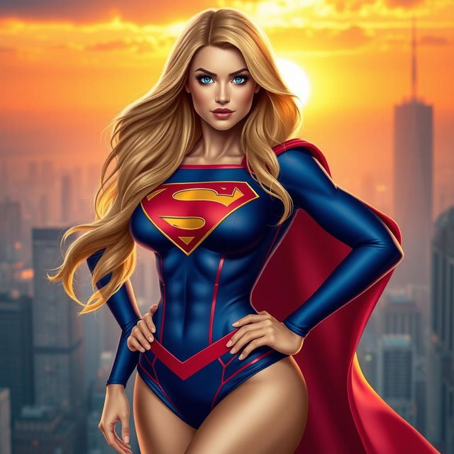 A stunningly beautiful female superhero inspired by Supergirl, featuring an impressive large chest, wearing a classic blue and red costume with a flowing cape