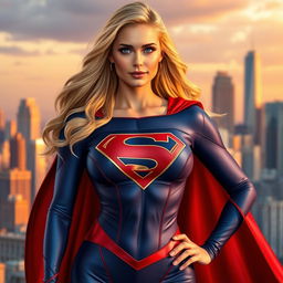 A stunningly beautiful female superhero inspired by Supergirl, featuring an impressive large chest, wearing a classic blue and red costume with a flowing cape