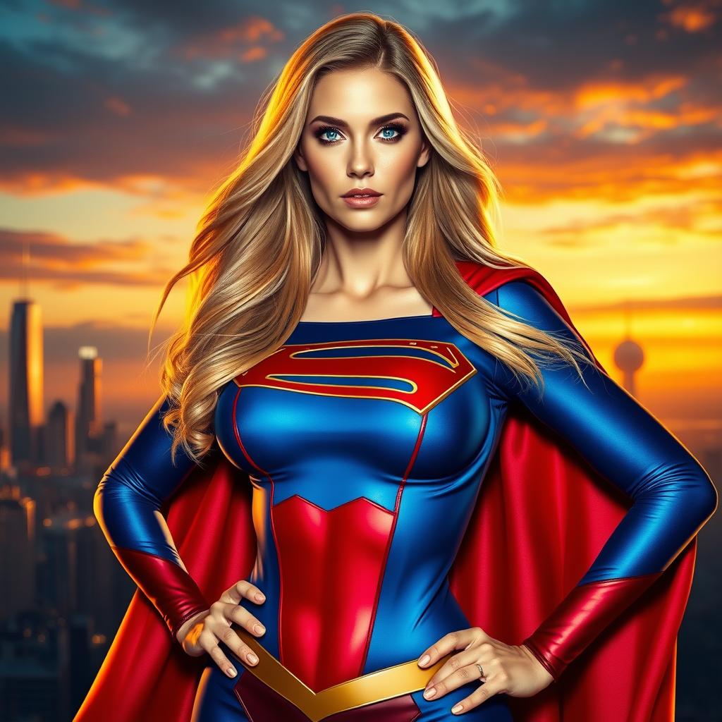 A stunningly beautiful female superhero inspired by Supergirl, featuring an impressive large chest, wearing a classic blue and red costume with a flowing cape