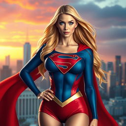 A stunningly beautiful female superhero inspired by Supergirl, featuring an impressive large chest, wearing a classic blue and red costume with a flowing cape