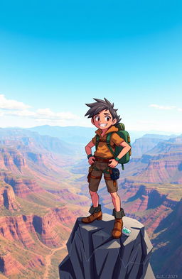 A brave character who is fearless and loves adventure, depicted as a confident figure standing on a cliff overlooking a vast landscape