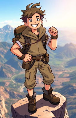 A brave character who is fearless and loves adventure, depicted as a confident figure standing on a cliff overlooking a vast landscape
