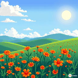 A beautiful and unusual landscape featuring vibrant orange flowers scattered across the scene, showcasing a pixel art style that emphasizes the charm of 8-bit graphics