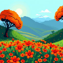 A beautiful and unusual landscape featuring vibrant orange flowers scattered across the scene, showcasing a pixel art style that emphasizes the charm of 8-bit graphics