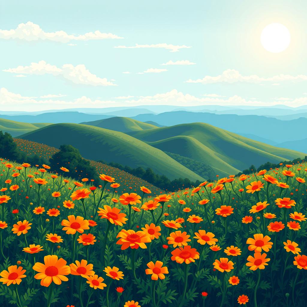 A beautiful and unusual landscape featuring vibrant orange flowers scattered across the scene, showcasing a pixel art style that emphasizes the charm of 8-bit graphics