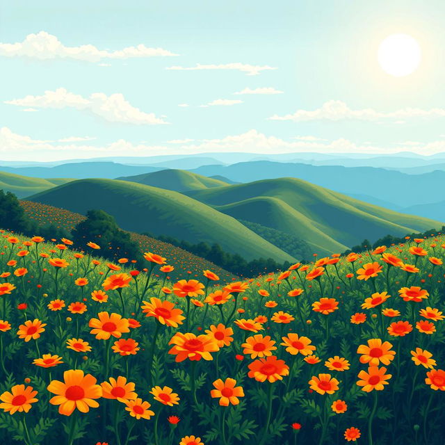 A beautiful and unusual landscape featuring vibrant orange flowers scattered across the scene, showcasing a pixel art style that emphasizes the charm of 8-bit graphics