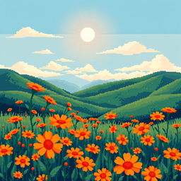 A beautiful and unusual landscape featuring vibrant orange flowers scattered across the scene, showcasing a pixel art style that emphasizes the charm of 8-bit graphics