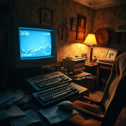 An intriguing image of an old personal computer set up in a dingy flat