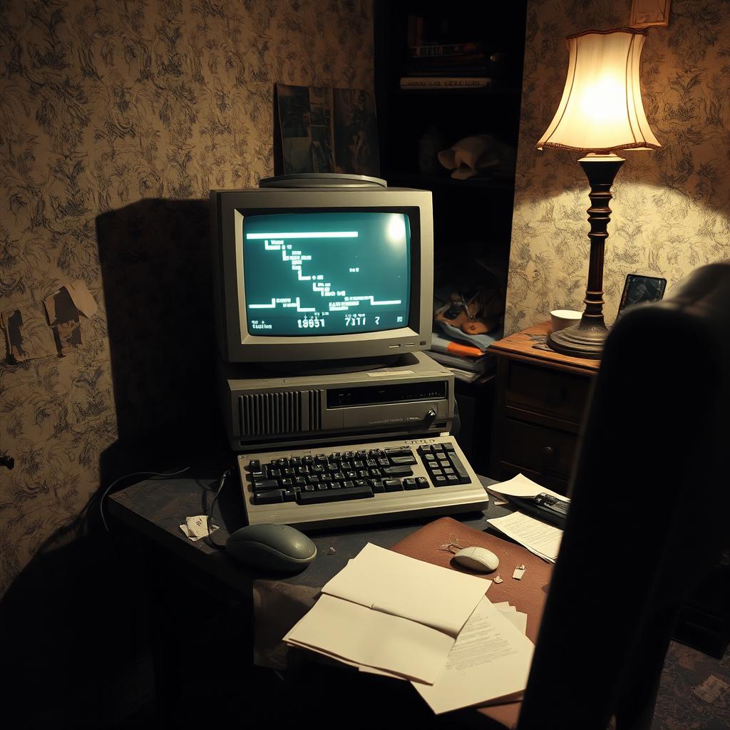 An intriguing image of an old personal computer set up in a dingy flat