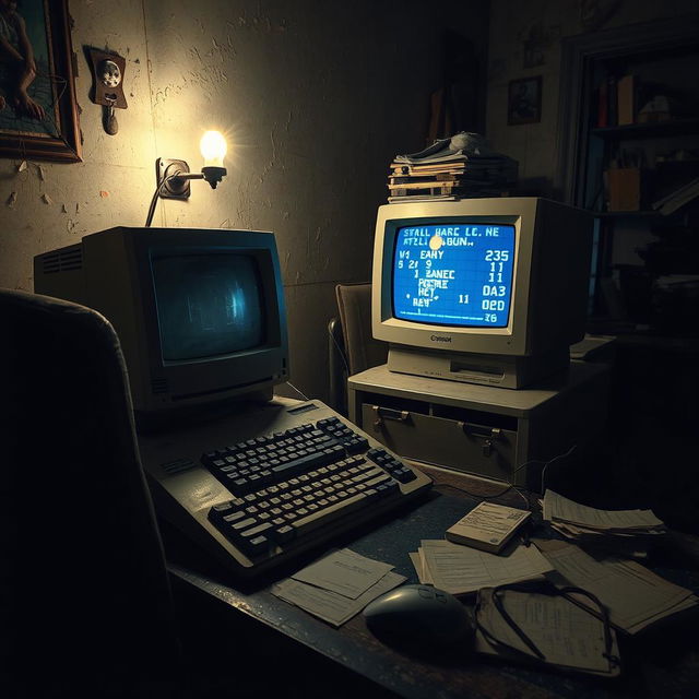 An intriguing image of an old personal computer set up in a dingy flat