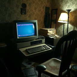 An intriguing image of an old personal computer set up in a dingy flat