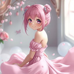 A stunning pink-haired anime girl with big expressive eyes and a playful smile, adorned in a delicate pink dress that flows gracefully around her figure