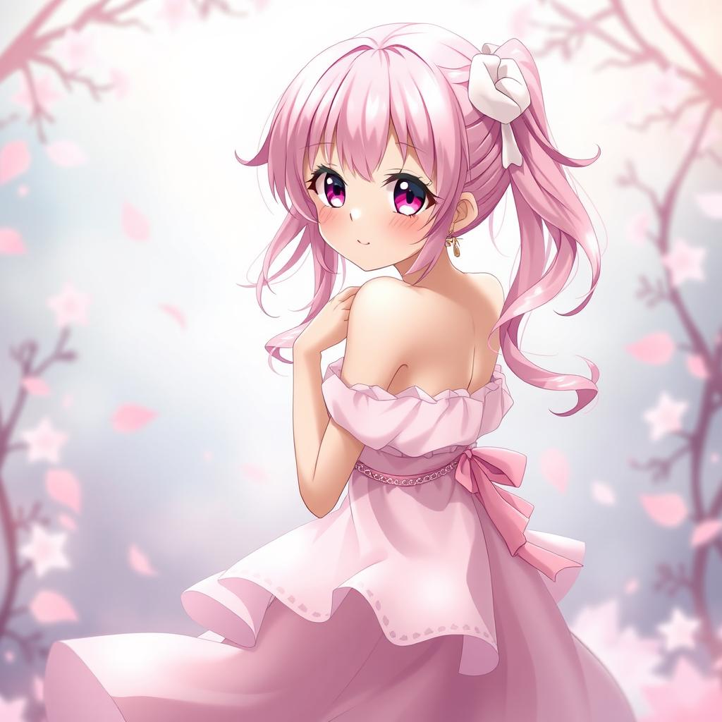 A stunning pink-haired anime girl with big expressive eyes and a playful smile, adorned in a delicate pink dress that flows gracefully around her figure