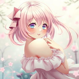 A stunning pink-haired anime girl with big expressive eyes and a playful smile, adorned in a delicate pink dress that flows gracefully around her figure