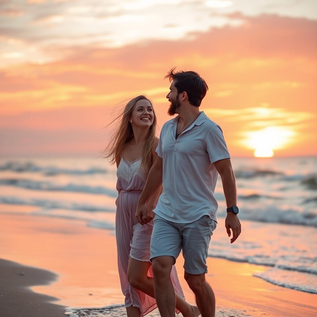 A couple enjoying a romantic sunset on a beach, holding hands while walking along the shore