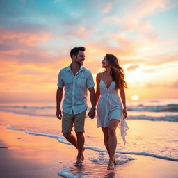 A couple enjoying a romantic sunset on a beach, holding hands while walking along the shore