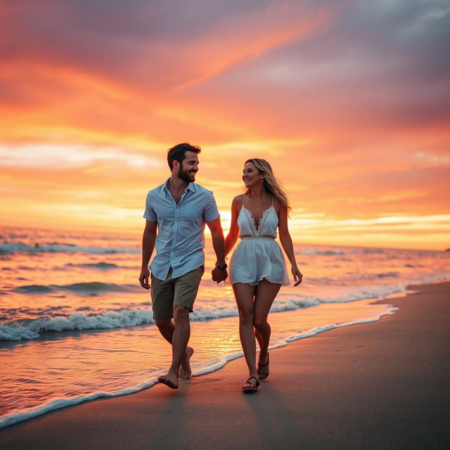 A couple enjoying a romantic sunset on a beach, holding hands while walking along the shore