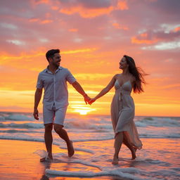 A couple enjoying a romantic sunset on a beach, holding hands while walking along the shore