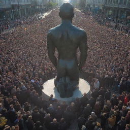 A sea of people, unified in their belief, kneeling and paying respect to the giant statue in the city centre