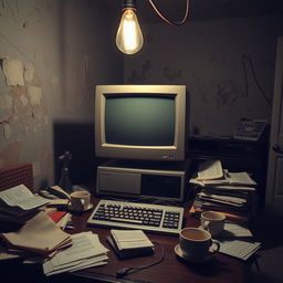 An evocative image of a personal computer set in a dingy flat