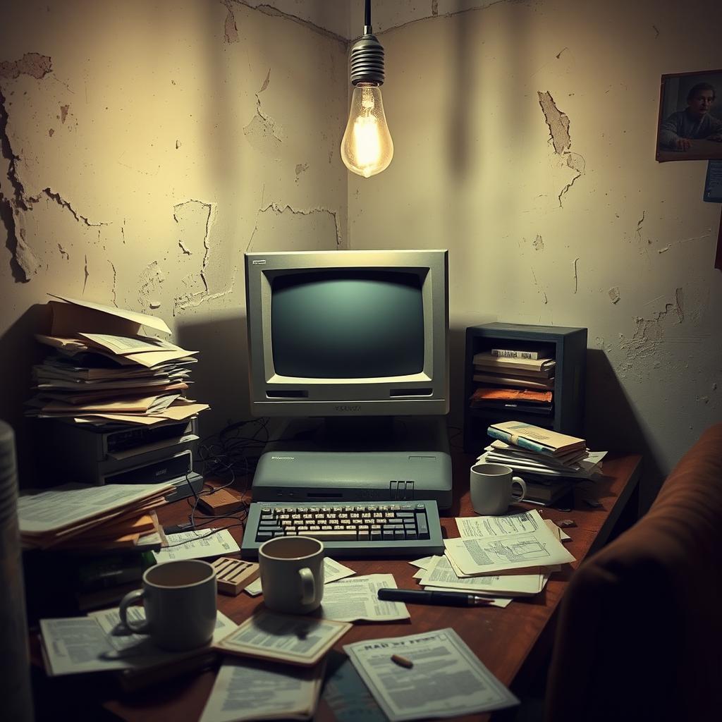 An evocative image of a personal computer set in a dingy flat