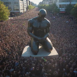 A sea of people, unified in their belief, kneeling and paying respect to the giant statue in the city centre