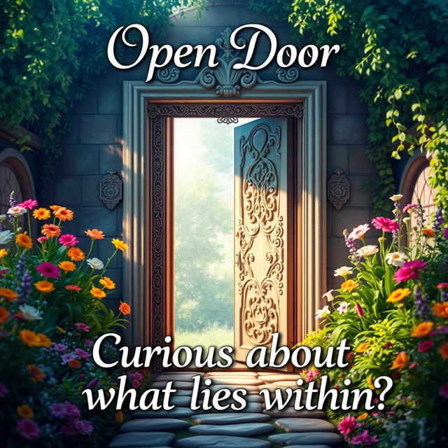 An enchanting image featuring an open door set against a beautiful backdrop, inviting viewers to step into a world of mystery and adventure