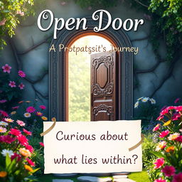 An enchanting image featuring an open door set against a beautiful backdrop, inviting viewers to step into a world of mystery and adventure