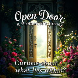 An enchanting image featuring an open door set against a beautiful backdrop, inviting viewers to step into a world of mystery and adventure