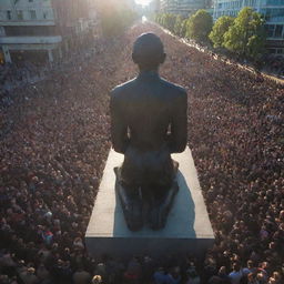 A sea of people, unified in their belief, kneeling and paying respect to the giant statue in the city centre