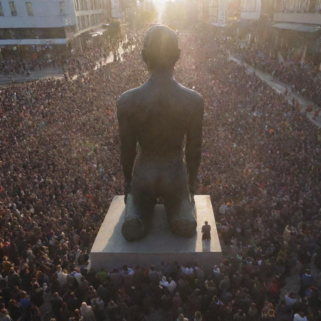 A sea of people, unified in their belief, kneeling and paying respect to the giant statue in the city centre