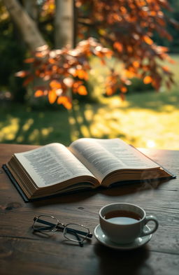 A serene and contemplative scene depicting a Bible open on a wooden table surrounded by a warm, soft light