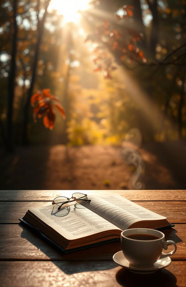 A serene and contemplative scene depicting a Bible open on a wooden table surrounded by a warm, soft light