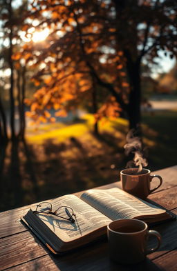 A serene and contemplative scene depicting a Bible open on a wooden table surrounded by a warm, soft light