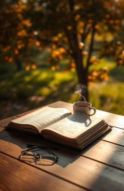 A serene and contemplative scene depicting a Bible open on a wooden table surrounded by a warm, soft light