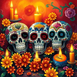 A vibrant and colorful depiction of traditional Mexican calaveras (skulls) adorned with intricate patterns and designs