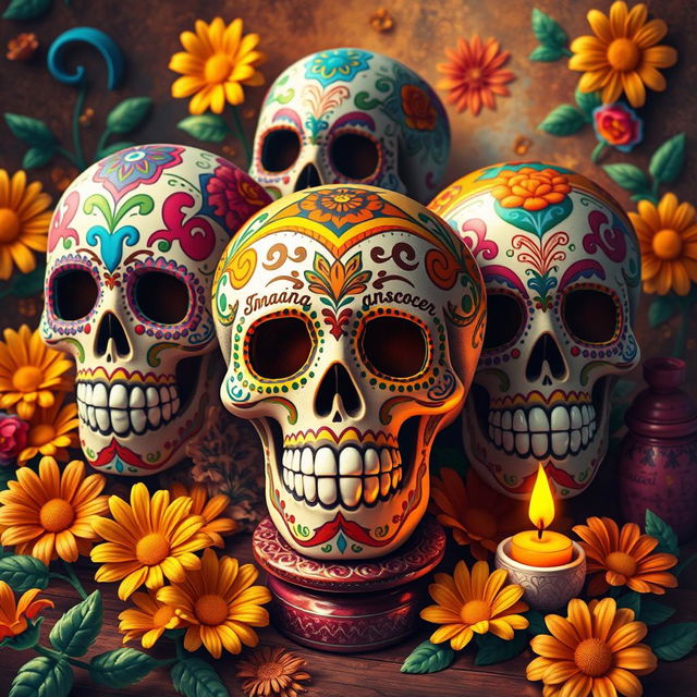 A vibrant and colorful depiction of traditional Mexican calaveras (skulls) adorned with intricate patterns and designs