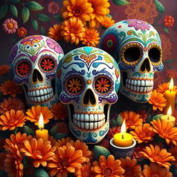 A vibrant and colorful depiction of traditional Mexican calaveras (skulls) adorned with intricate patterns and designs