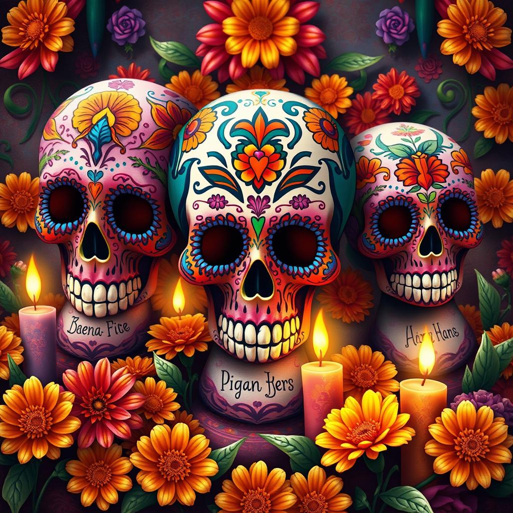 A vibrant and colorful depiction of traditional Mexican calaveras (skulls) adorned with intricate patterns and designs