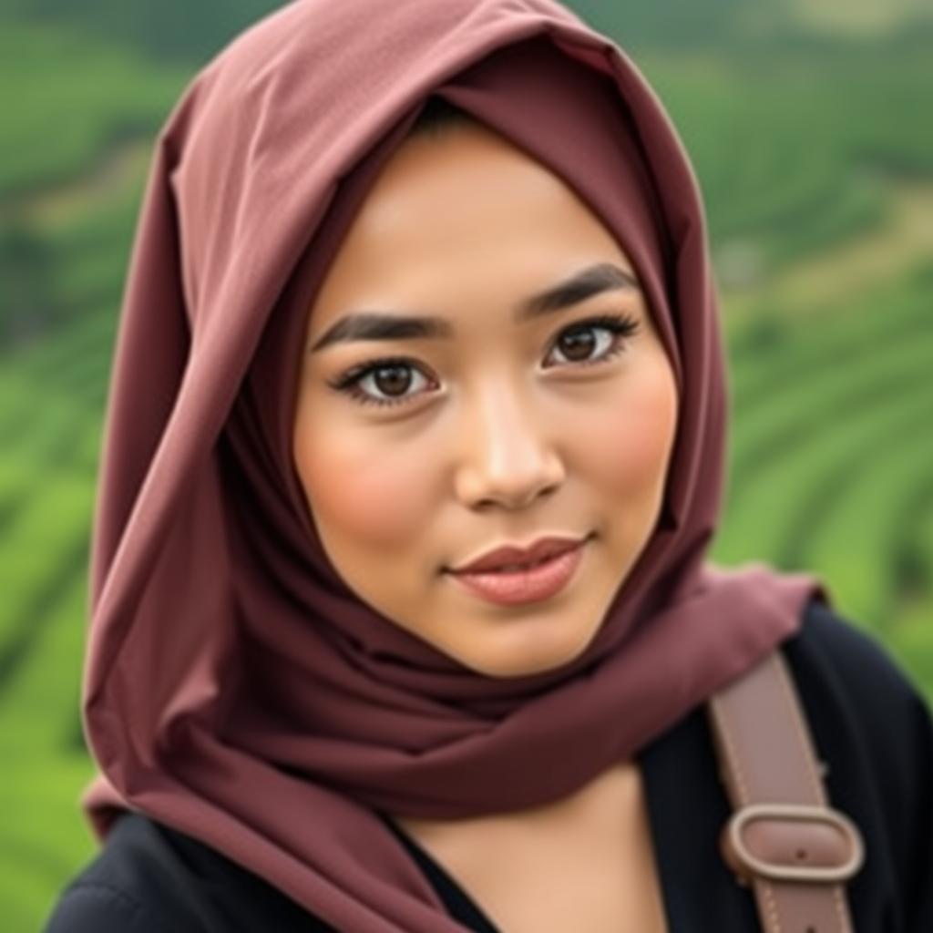 A beautiful Acehnese woman with large breasts wearing a stylish hijab that enhances her allure