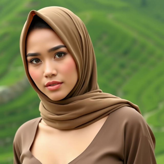 A beautiful Acehnese woman with large breasts wearing a stylish hijab that enhances her allure