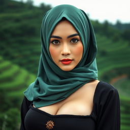 A beautiful Acehnese woman with large breasts wearing a stylish hijab that enhances her allure