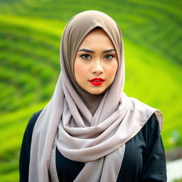 A beautiful Acehnese woman with large breasts wearing a stylish hijab that enhances her allure